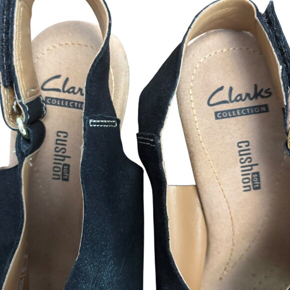CLARKS Collection Helio Float Black Nubuck Wedge Heels Size 8 Adjustable Strap - Picture 7 of 11